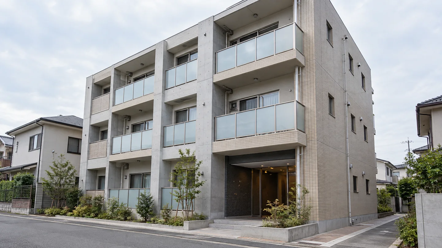 住宅街にある中層の賃貸マンションの外観